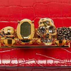 Pre Owned Alexander McQueen Red Croc Embossed Leather Jewelled Shoulder Bag