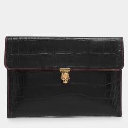Pre Owned Alexander McQueen Black Croc Embossed Leather Skull Envelope Clutch