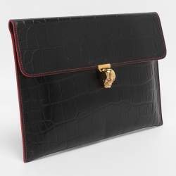 Pre Owned Alexander McQueen Black Croc Embossed Leather Skull Envelope Clutch