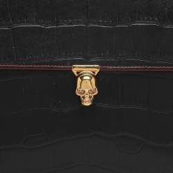 Pre Owned Alexander McQueen Black Croc Embossed Leather Skull Envelope Clutch