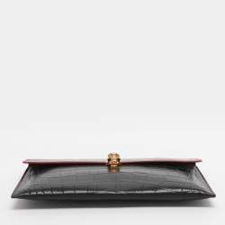 Pre Owned Alexander McQueen Black Croc Embossed Leather Skull Envelope Clutch