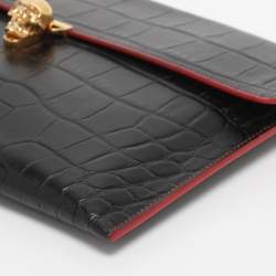 Pre Owned Alexander McQueen Black Croc Embossed Leather Skull Envelope Clutch