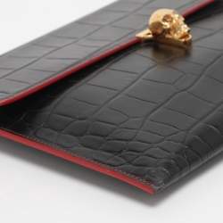 Pre Owned Alexander McQueen Black Croc Embossed Leather Skull Envelope Clutch