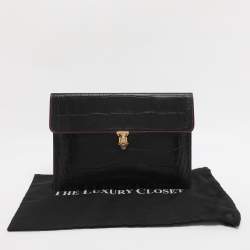 Pre Owned Alexander McQueen Black Croc Embossed Leather Skull Envelope Clutch