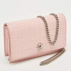 Pre Owned Alexander McQueen Pink Croc Embossed Leather Skull Crystal Chain Bag
