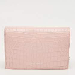 Pre Owned Alexander McQueen Pink Croc Embossed Leather Skull Crystal Chain Bag