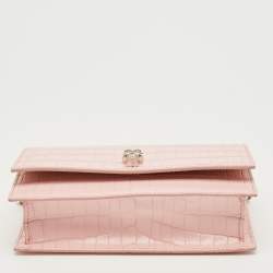 Pre Owned Alexander McQueen Pink Croc Embossed Leather Skull Crystal Chain Bag