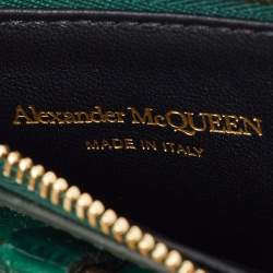 Pre Owned Alexander McQueen Green Croc Embossed Leather Skull Zip Card Holder With Strap