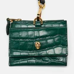 Pre Owned Alexander McQueen Green Croc Embossed Leather Skull Zip Card Holder With Strap