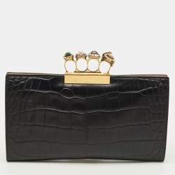 Pre Owned حقيبة بوش ألكسندر ماكوين بلون أسود بنقش تمساح بجلد مع خواتم كريستال رباعية