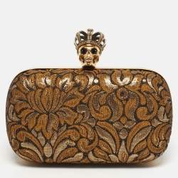 مملوكة مسبقًا Alexander McQueen Gold/Black Brocade Fabric Crown Skull Box Clutch