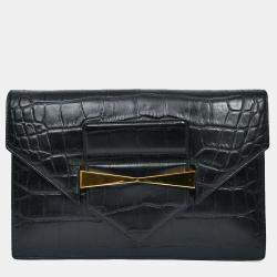 مملوكة مسبقًا Alexander McQueen Black Croc Effect Leather Envelope Clutch