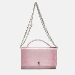 Pre Owned Alexander McQueen Skull Chain Pink Croc Embossed Leather Top Handle Bag