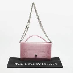 Pre Owned Alexander McQueen Skull Chain Pink Croc Embossed Leather Top Handle Bag