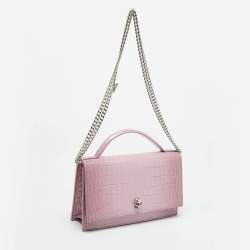 Pre Owned Alexander McQueen Skull Chain Pink Croc Embossed Leather Top Handle Bag