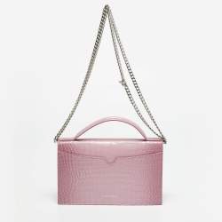Pre Owned Alexander McQueen Skull Chain Pink Croc Embossed Leather Top Handle Bag