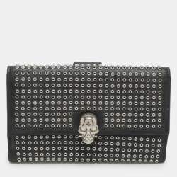 Pre Owned Alexander McQueen Skull Embellished Black Leather French Wallet