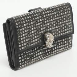 Pre Owned Alexander McQueen Skull Embellished Black Leather French Wallet