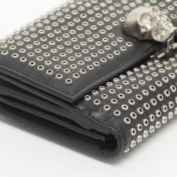 Pre Owned Alexander McQueen Skull Embellished Black Leather French Wallet