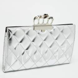 Pre Owned Alexander McQueen Jewelled Knuckle Graffiti Silver Quilted Leather Clutch
