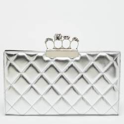 Pre Owned Alexander McQueen Jewelled Knuckle Graffiti Silver Quilted Leather Clutch