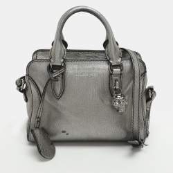 Pre Owned Alexander McQueen Skull Padlock Mini Silver Leather Satchel