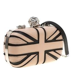 Pre Owned Alexander McQueen Beige/Black Leather Patchwork Britannia Skull Box Clutch