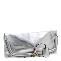 Pre Owned Alexander McQueen Silver Skull Padlock Leather Studded Fold Over Clutch