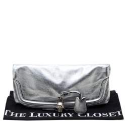 Pre Owned Alexander McQueen Silver Skull Padlock Leather Studded Fold Over Clutch