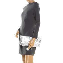 Pre Owned Alexander McQueen Silver Skull Padlock Leather Studded Fold Over Clutch