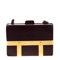 Pre Owned Alexander McQueen Burgundy Croc Embossed Leather Cage Box Bag