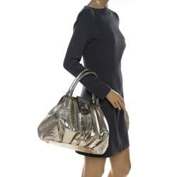 Alexander McQueen Metallic Gold Croc Embossed Patent Leather Elvie Satchel