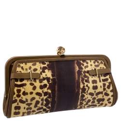 Pre Owned Alexander McQueen Brown Leather and Watersnake Reversible Skull Clutch