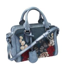 Pre Owned Alexander McQueen Blue Embroidered Denim Padlock Satchel
