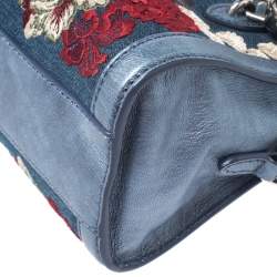 Pre Owned Alexander McQueen Blue Embroidered Denim Padlock Satchel