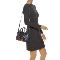 Pre Owned Alexander McQueen Blue Embroidered Denim Padlock Satchel