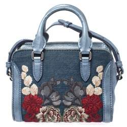 Pre Owned Alexander McQueen Blue Embroidered Denim Padlock Satchel