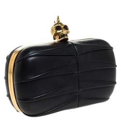 Pre Owned Alexander McQueen Black Pleated Leather Skull Lock Clutch