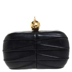 Pre Owned Alexander McQueen Black Pleated Leather Skull Lock Clutch