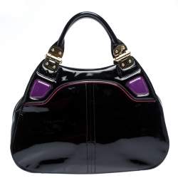 Pre Owned Alexander McQueen Black Patent and Crocodile Embossed Leather Hobo