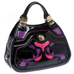 Pre Owned Alexander McQueen Black Patent and Crocodile Embossed Leather Hobo