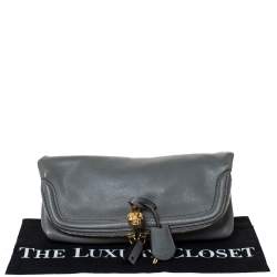 Pre Owned Alexander McQueen Grey Leather Skull Padlock Fold-Over Clutch
