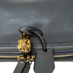 Pre Owned Alexander McQueen Grey Leather Skull Padlock Fold-Over Clutch