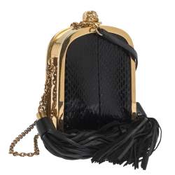 Pre Owned Alexander McQueen Black Snakeskin Skull Tassel Chain Clutch