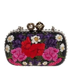 Pre Owned Alexander McQueen Multicolor Floral Embroidered Leather King and Queen Skull Chain Clutch