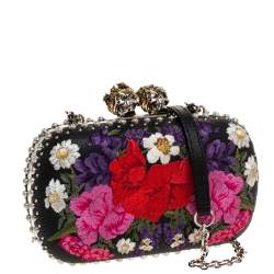Pre Owned Alexander McQueen Multicolor Floral Embroidered Leather King and Queen Skull Chain Clutch