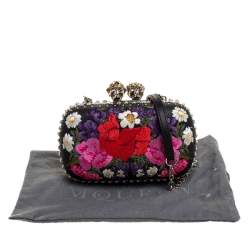Pre Owned Alexander McQueen Multicolor Floral Embroidered Leather King and Queen Skull Chain Clutch