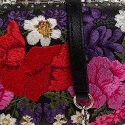 Pre Owned Alexander McQueen Multicolor Floral Embroidered Leather King and Queen Skull Chain Clutch