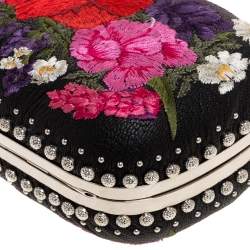 Pre Owned Alexander McQueen Multicolor Floral Embroidered Leather King and Queen Skull Chain Clutch