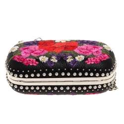 Pre Owned Alexander McQueen Multicolor Floral Embroidered Leather King and Queen Skull Chain Clutch